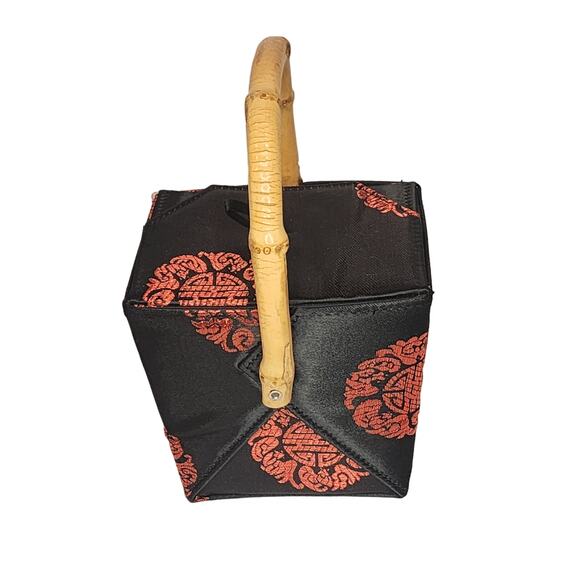 Tozai Chinese Takeout Box Purse Vintage Black & Red Satin Bamboo Top Handle - Picture 4 of 7